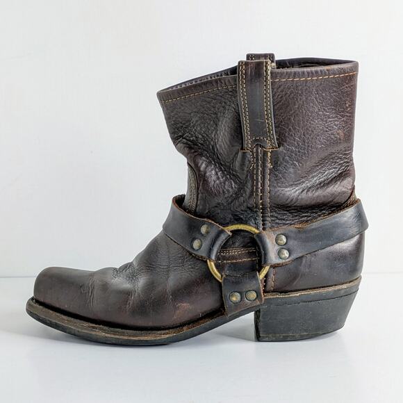 Frye Boots Harness 8R Womens *8.5 Brown Square Toe Leather Ankle Moto - Picture 1 of 15